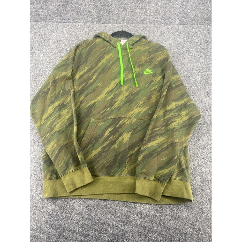 Nike Sportswear Club Fleece Hoodie Mens XL Green Tiger Camo Pullover Neon Logo